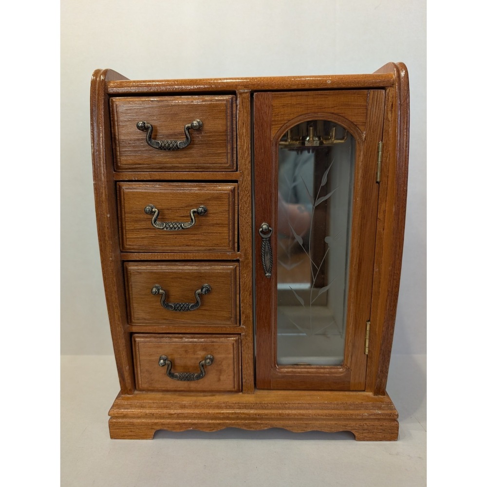 Vintage Wooden Jewelry Box Armoire With Floral Glass Door